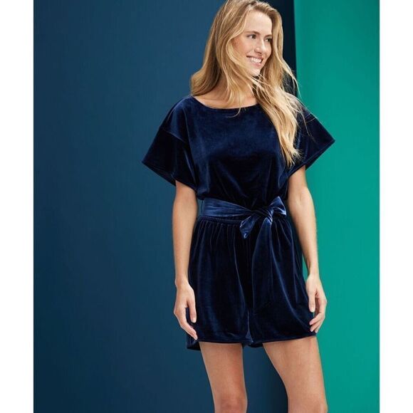 Vineyard Vines Size XS Bow Waist Velvet Romper Dark Blue Holiday Cocktail Party - Picture 3 of 12